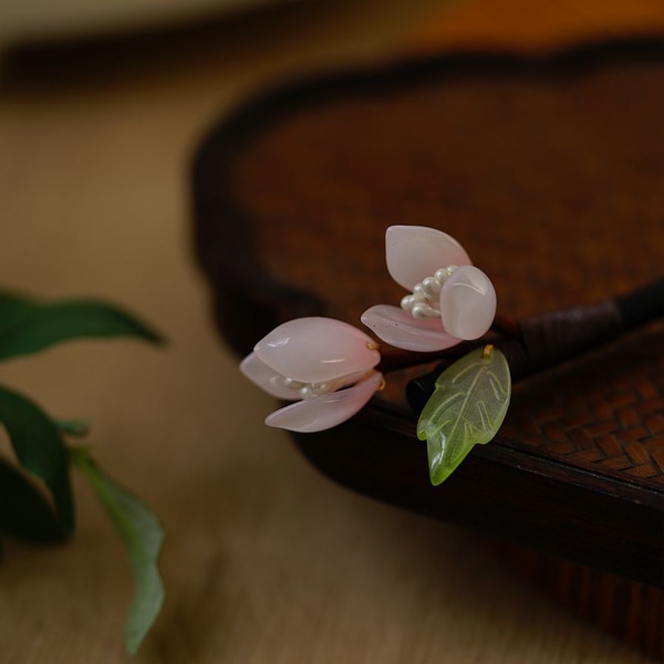 Kvinna hårnål Chignon Pin Ätpinnar urgammal rosa blomma massivt trä bullehållare för Cheongsam Han Kläder Te slitage a