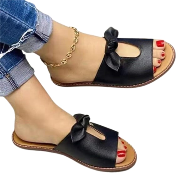 Kvinnor Peep Toe Tofflor PU övre Casual Sandaler Låg platt klack glidskor black 38