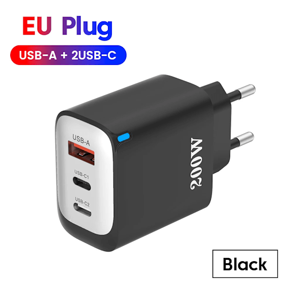 200W USB Typ C Laddare Snabbladdning Portabel Snabbladdare 1U+2C Multiport Laddhuvud black EU