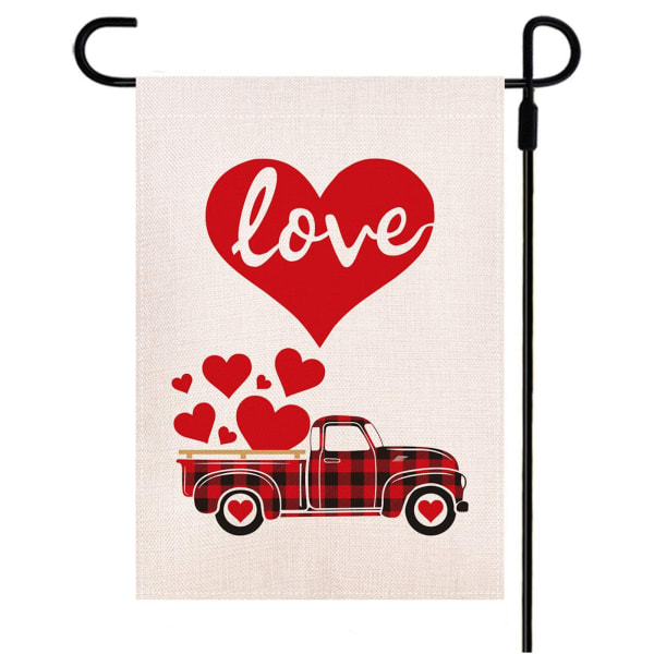Trädgårdsflagga för alla hjärtans dag Dubbelsidig Buffalo Pläd röd lastbil med kärlekshjärta a