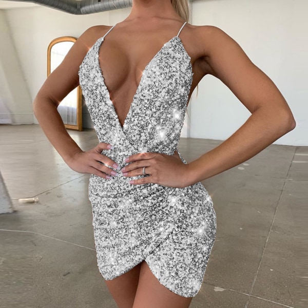 Dampaljett Cocktailklänning V-hals Mode Glitter Spaghetti Strap Bodycon Festklänning champagne l