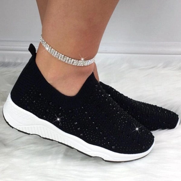 Lady Sneakers Diamond Glitter Trainers Sportlöpning Comfy Slip On Sock Skor black 35