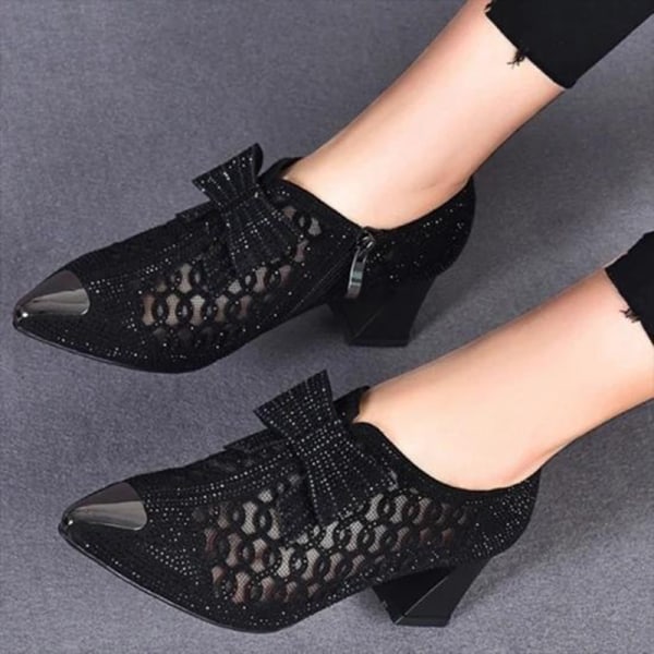 Rhinestone Hollow Chunky Heel Skor Vackra bekväma klackade sandaler för festbröllop Nytt 39 black