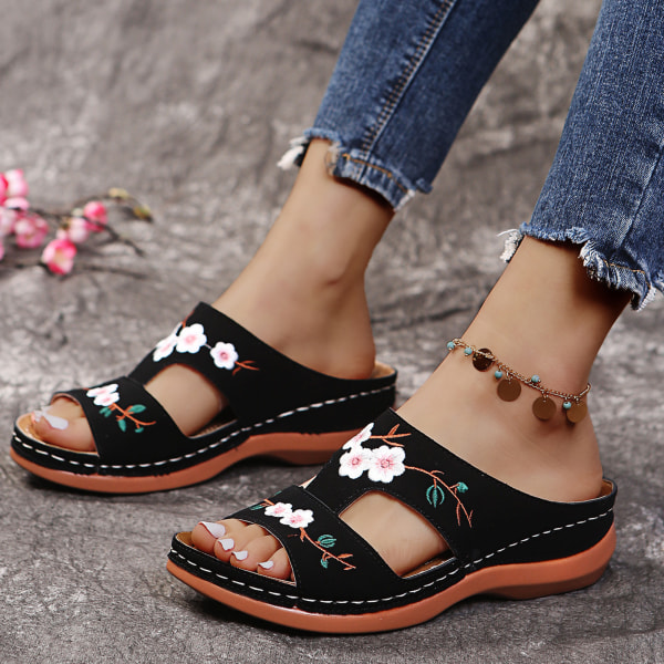 Ortopediska sandaler för kvinnor Broderade blommor Flip Flops Skor Våren bekväma tofflor 35 pink