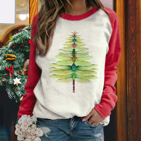 Dragonfly Christmas Tree Print Sweatshirt Långärmad Casual Top Women green 2xl