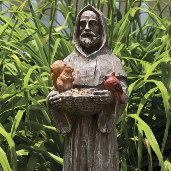 St Francis and Friends trädgårdsstaty med fågelmatare Kreativt hartshantverksstaty för trädgårdsdekoration as show