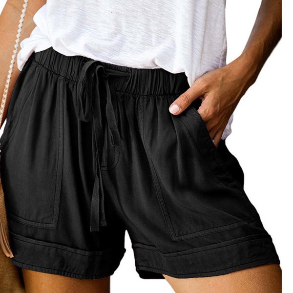 Damshorts med breda ben, snörning av bomullsstrandshorts med ficka för sommarkläder black 2xl