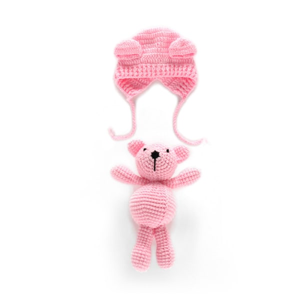 Nyfödd stickad mössa med björndocka Handgjord virkad baby pink