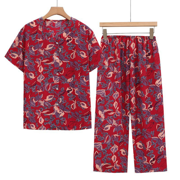 Summer Loose Top Pants Suit Casual Plus Size Print Tvådelat set för medelålders kvinnor 2xl