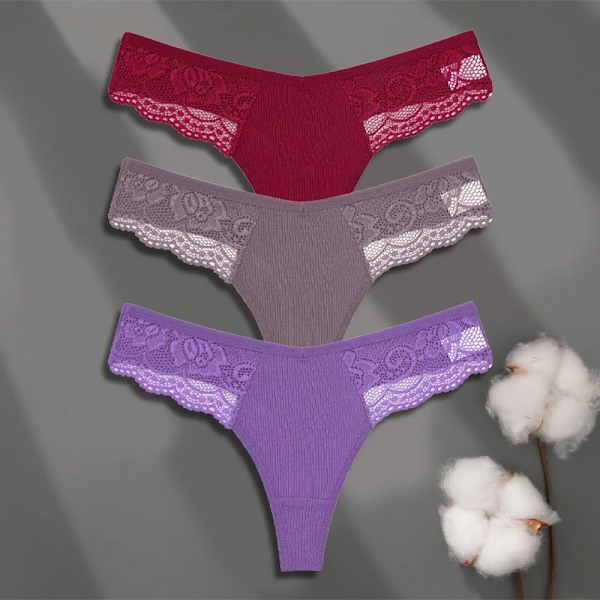 FINETOO 3-pack Dam Trosor i Bomull Spets Tanga Sexiga Enfärgade Låg Midja Bikini Underkläder Damer Andningsbara G-string Underkläder SET 7 XL