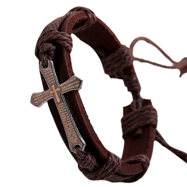 Män PU-läderarmband Stickad Wrap Snörning Cross Charm Armband Smycken brown