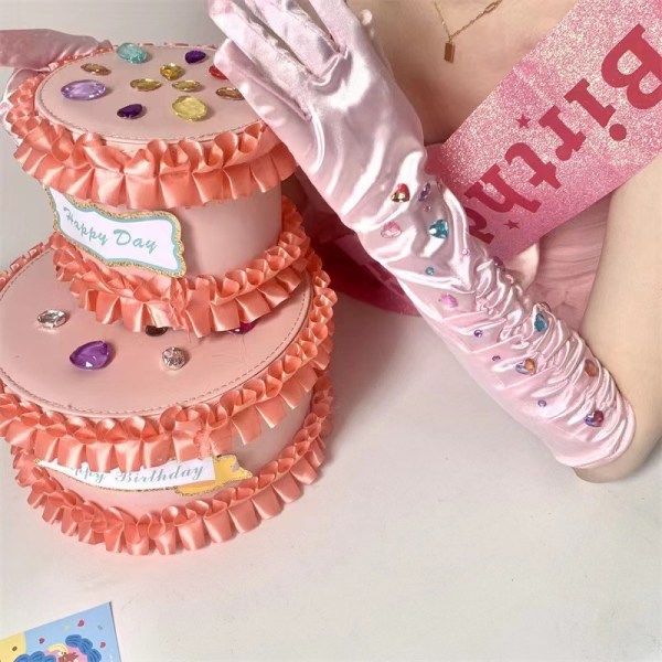 Barbie Princess Love Diamanthandskar Etikett Bälte Födelsedagsfest Dekoration Flicka Fotografi rekvisita Pink pleated gloves+shoulder straps