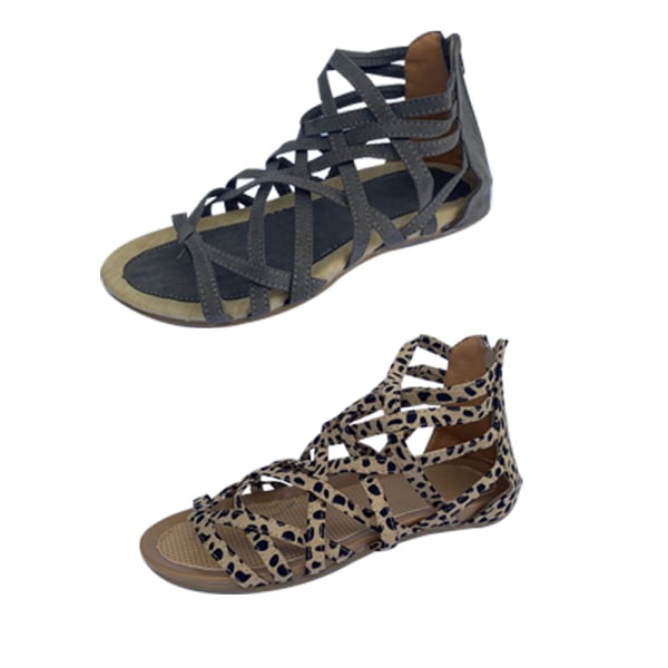 Rund tå ihålig andas platt sandaler dam sommar strandskor vintage leopard print 43