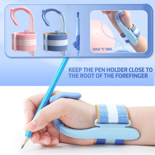 Penna håller hållningskorrigering Anti-Hook handledskorrigerare Penngrepp för förskolebarn blue with pencil