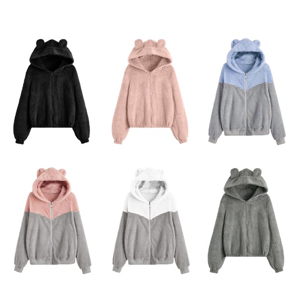 Kvinnor Vinterplysch Sweatshirt Dragkedja Fodrad Hoodie Jacka med Söt Bear Ear Hood solid black l