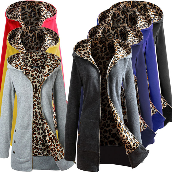 Dam Dam Tjock Leopard Print Långärmad Hoodie Zipper Coat Varm för vintern a m