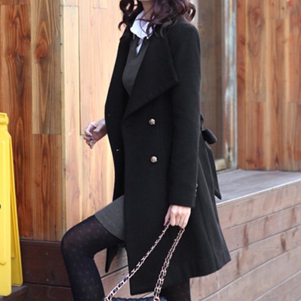 Vinterärtkappa filt lång jacka för kvinnor Enkelknäppt stativkrage S-L black l