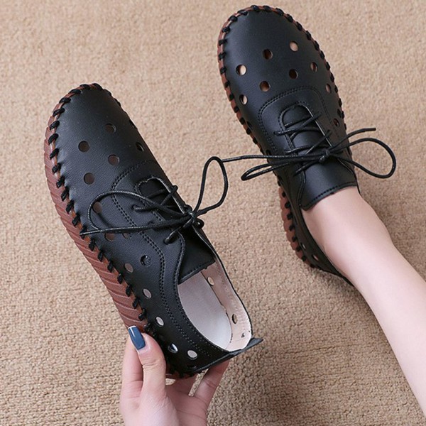 Kvinnors Flats Hollow Lace Up Tjock sula Hål Skor sömmar Runt Head Loafers black 37