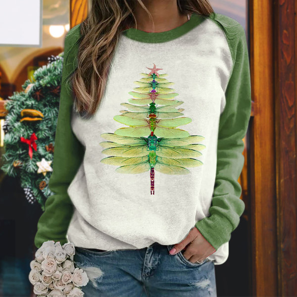 Dragonfly Christmas Tree Print Sweatshirt Långärmad Casual Top Women red 3xl