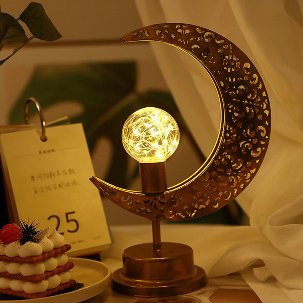 Guld Ramadan Moon LED-lampa Metall Ramadan Kareem ljusbordsprydnad för Eid Adha familjepresent 2