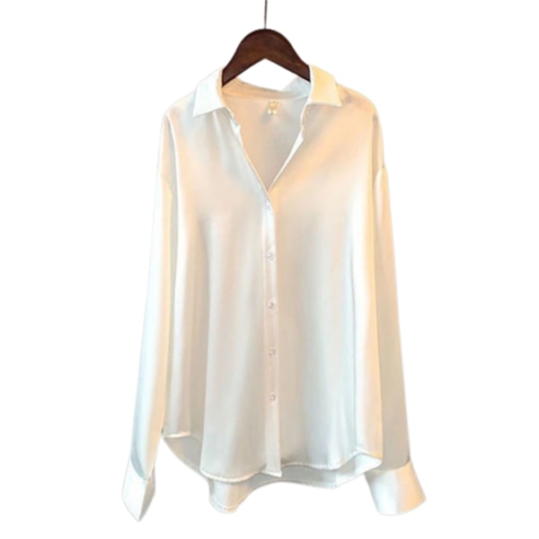 Satin sidenskjortor för kvinnor Casual långärmade tunikatröjor Loose Fit V-ringad för kontorsarbete white 2xl