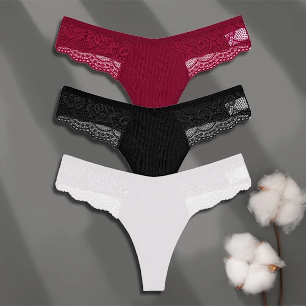 FINETOO 3-pack Dam Trosor i Bomull Spets Tanga Sexiga Enfärgade Låg Midja Bikini Underkläder Damer Andningsbara G-string Underkläder SET 13 S