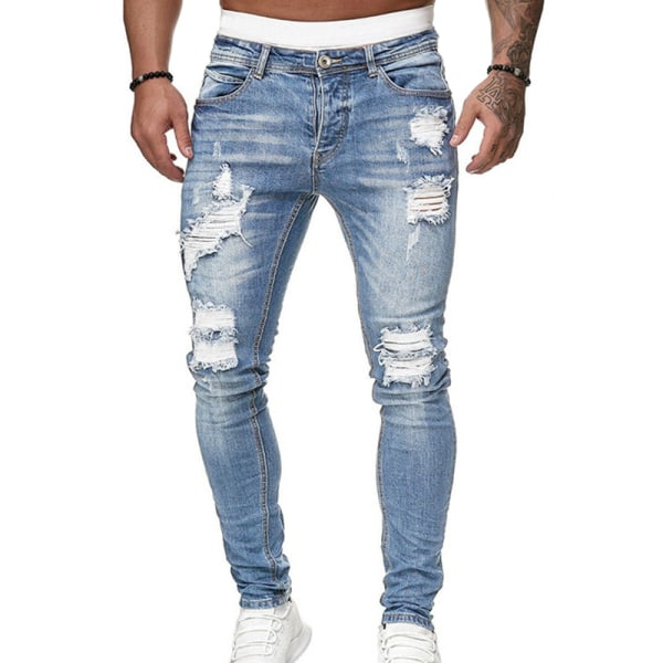 Skinny Jeans för män Pencil Byxor Motorcykel Party Casual Byxor Streetwear Cowboy light blue m