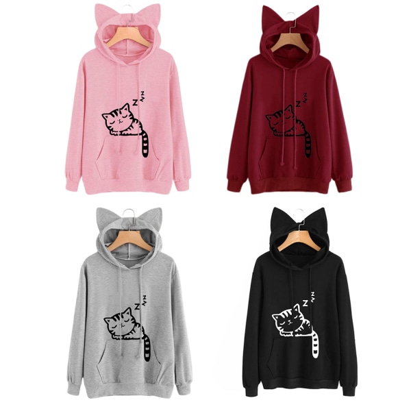 Kvinnor vår höst sweatshirt printed hoodie med dragsko för kattöron pink xl