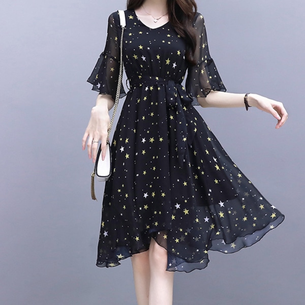 Summer Star Dress Korean Style Rund Neck Black Puff Half Sleeve Plus Size Kjol För blue xl