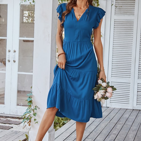 Sommarklänning för kvinnor V-ringad midiklänning Flowy Swing Ruffle Dress for Casual blue m