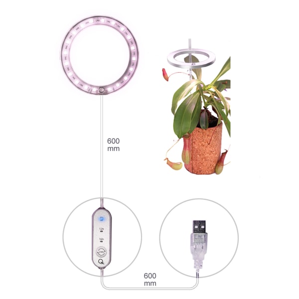 Angel Ring Plant Grow Light Justerbar LED Full Spectrum Växande Lampa USB Laddning Timing Light för inomhus Nytt white 1pcs