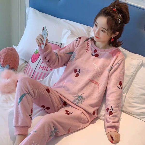 Vinterflanell Pyjamasset för kvinnor Söta långärmade nattkläder Comfy Pj l i