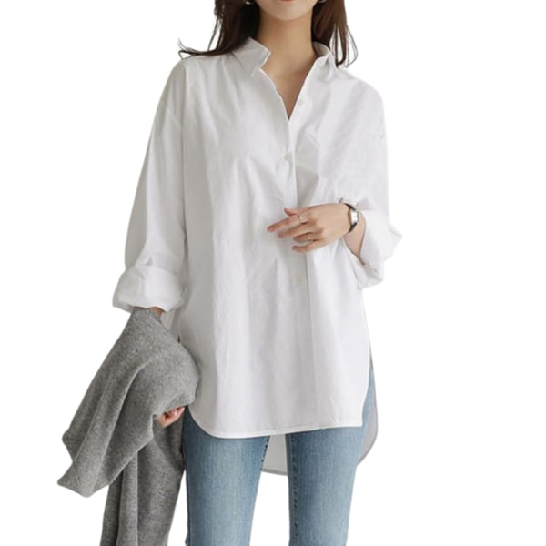 Casual långärmad tröja för kvinnor i enfärgad lös lapelskjorta för pendling och fritid white 2xl