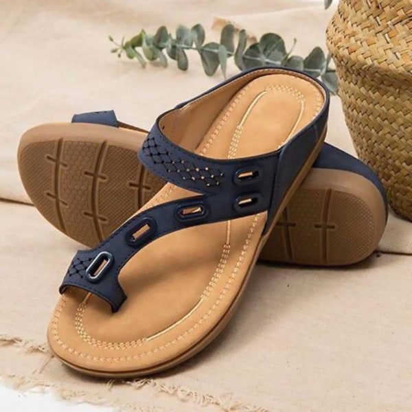 Strappy sandaler för kvinnor Retro stil Casual Flip Flops öppna tår skor blue 35