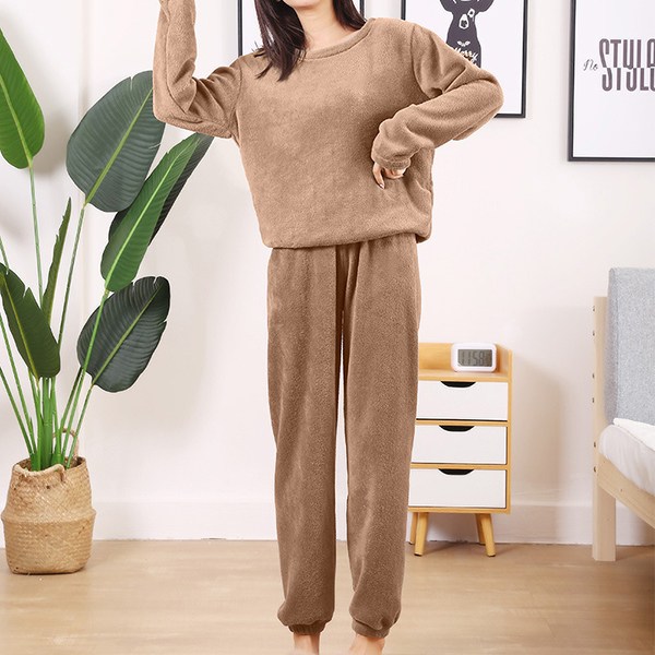 Enfärgad set för kvinnor Mjuk och varm Coral Fleece Pyjamas Elastisk fåll & midja Långa ärmar chocolate s