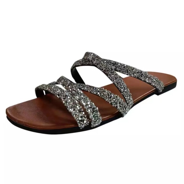 Casual Beach Slip On Tofflor Bling Rhinestone Strap Band Sandaler för födelsedagsfest vuxenceremoni 38 silver