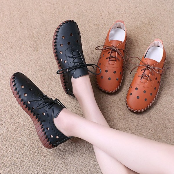 Kvinnors Flats Hollow Lace Up Tjock sula Hål Skor sömmar Runt Head Loafers dark brown 38