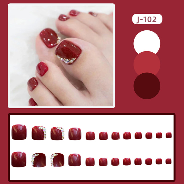 24st glänsande vinröd False Toe Nail med Diamond Fake Nail för kvinnor Girl glue models