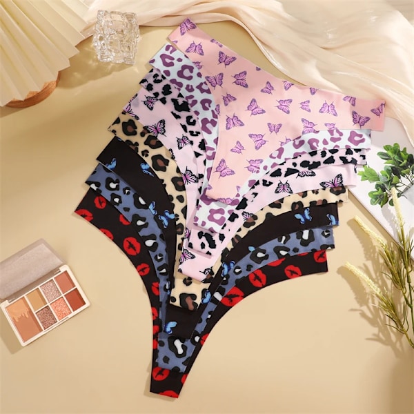 FINETOO 4 st Ultra Mjuka Trosor För Kvinnor Sexiga Grafiska Tryck Sömlösa Stringtrosor Kvinnliga Stretch Leopard G-string Bekväma Underkläder Style 6 M
