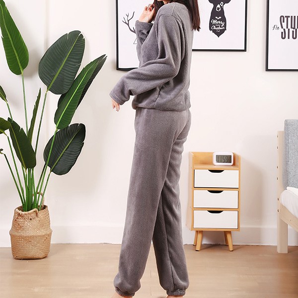 Enfärgad set för kvinnor Mjuk och varm Coral Fleece Pyjamas Elastisk fåll & midja Långa ärmar gray xl