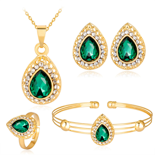 Kvinnor hänge halsband öppna ring örhängen armband Crystal vattendroppe bröllop brud smycken set green