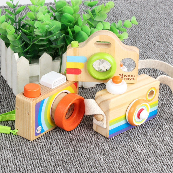 Mini träkameraleksak med multiprisma kalejdoskop fotografiobjektiv bärbar kamera c