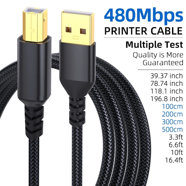 USB A Printerkabel 4,8 m Upp till 480 Mbps dataöverföringshastighet för USB A-enheter USB A till USB 2.0 Typ B Dell Epson Lexmark 1PC Black 3m