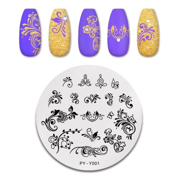 TILLBAKA DIG Blomma Nagelstämpelplåtar Lövstämpelmallar Geometriskt tryck DIY Design Stencilverktyg Nail Art Bildtavla py y001