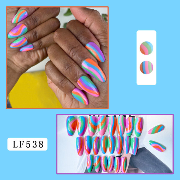 Rainbow Almond Frosted Fake Nails Easy Bright Color Nails glue models