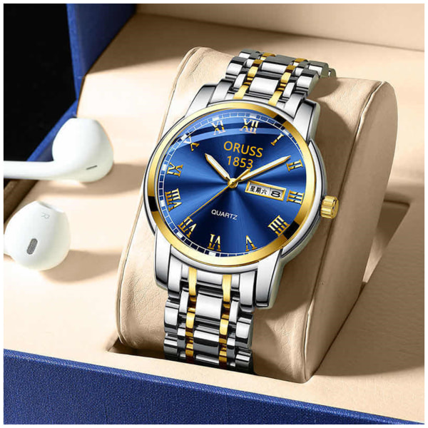 Round Dial Classic Quartz Watch Pointer Display Vattentät Armband Watch for Man Daily Office Business Meeting gold belt blue dial