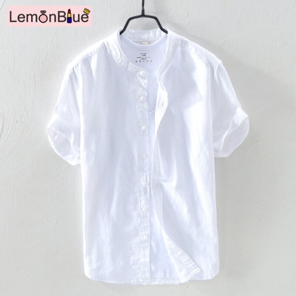 LemonBlue Herr Baggy Cotton Linne Solid Kortärmad Button Down-skjortor Toppar för navy blue xl
