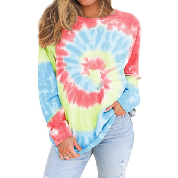 Kvinnor Casual Färgglad Tie-Dye Crewneck Långärmad Lös Pullover Sweatshirt Toppar blue l