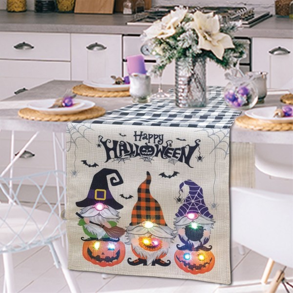 Happy Halloween Bordslöpare 72x13 tum Ansiktslös Gnome Burlap Pläd Bordslöpare med lampor Holiday Kök Matbord single attribute
