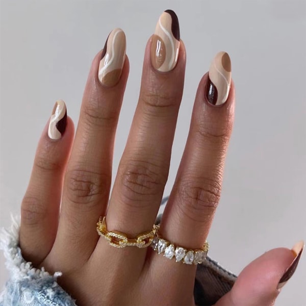 Brun och vit mandel falska naglar ABS-material skonsamt mot naglar och hud för fingerdekoration Hemnagel DIY glue models